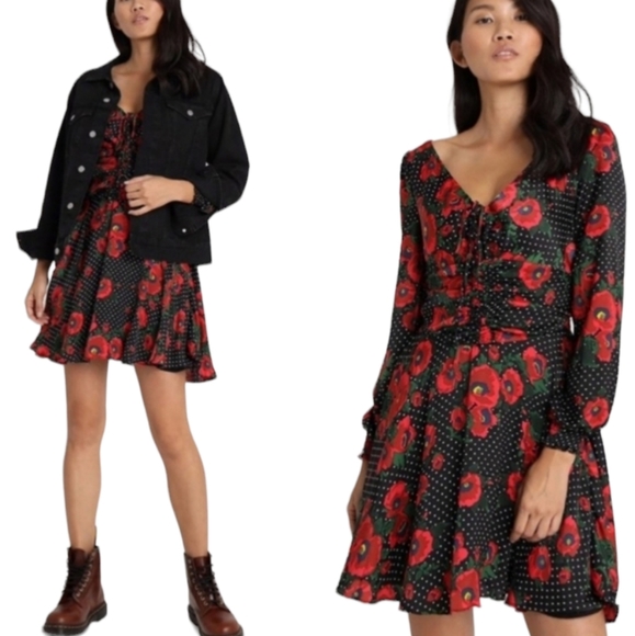Free People Dresses & Skirts - ♥️Free People Floral Polka Dot Long Sleeve Dress Valentines Day Sexy Feminine S